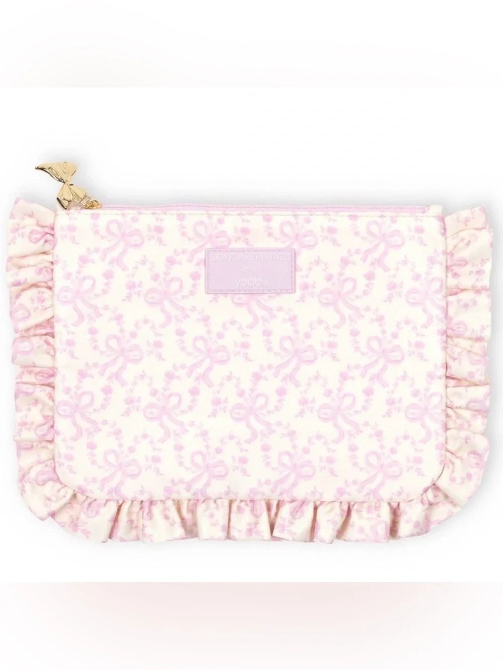 LoveShackFancy Pink & Cream Ruffle Bow Accessory Pouch NWT